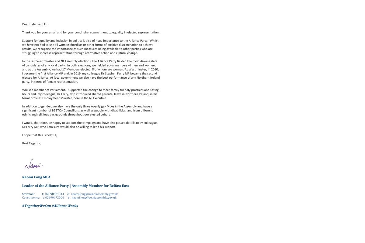 Letter from Naomi Long MP