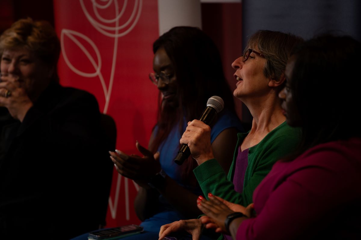 Photograph of Helen Pankhurst speaking on the panel at LWN in conversation event at Labour Conference