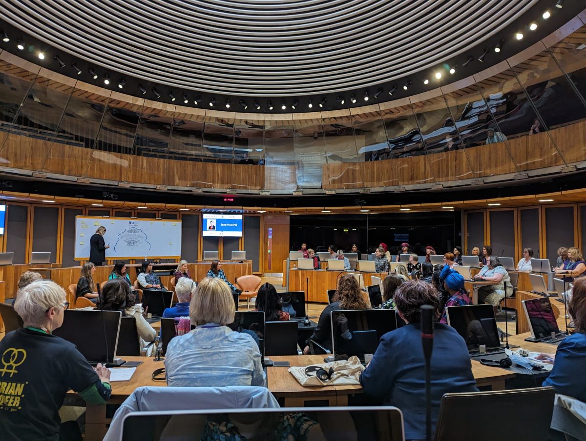Photo of women in the Senedd chamber for We Belong Here