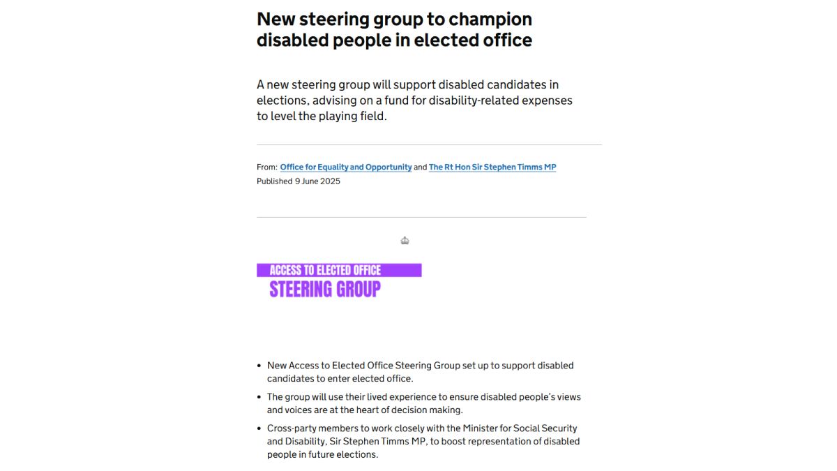 Screenshot of the announcement of the Access to Elected Office steering group